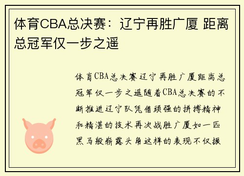 体育CBA总决赛：辽宁再胜广厦 距离总冠军仅一步之遥